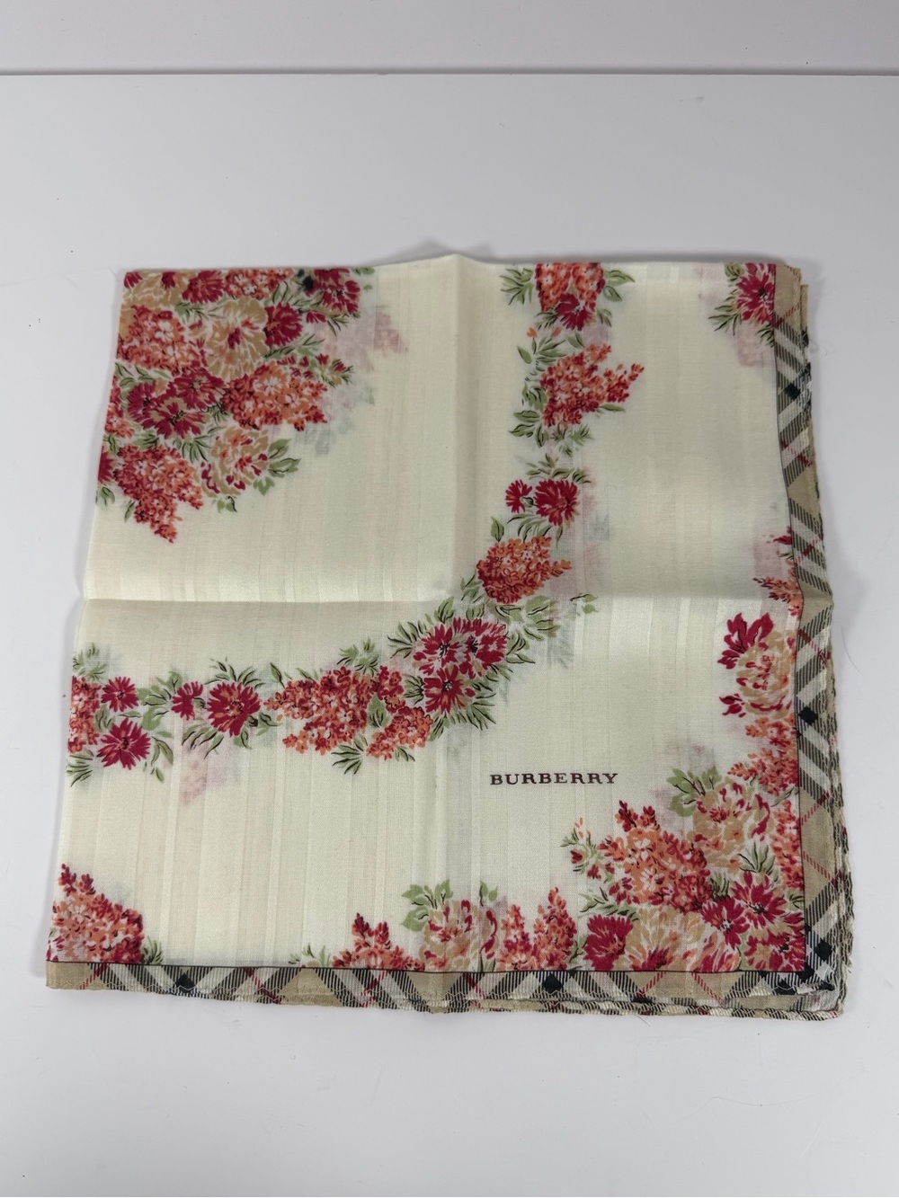Vintage Burberry Floral Check Border Handkerchief Scarf